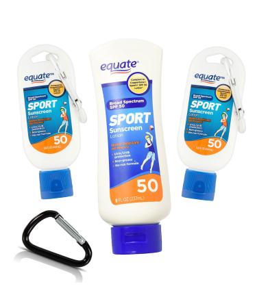 Equate Sport SPF 50 Premium Sunblock 3-Pack: 8oz full Sunscreen + 2pc 1.5oz Travel Size Protection with an Adam's Brand Durable Carabiner - For Complete Waterproof Sun Protection Wherever You Go
