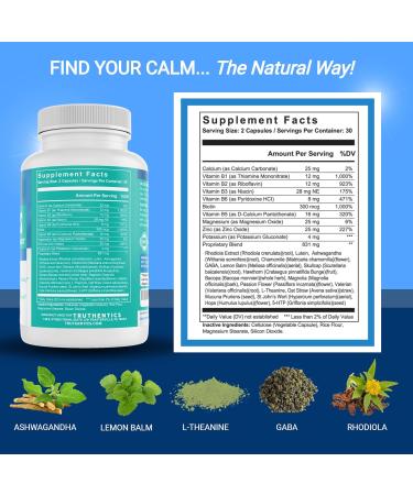 TRUTHENTICS Bye-Bye Stress - Stress & Mood Support Supplement for Women with Ashwagandha GABA Lemon Balm L-Theanin & Vitamin B Complex - Vegan - 60 Capsules - Buy Online on GoSupps.com