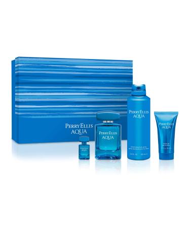 Perry Ellis Perry Ellis Aqua Men 3.4oz EDT Spray, 0.25oz EDT Spray, 6.8oz Deodorizing Body Spray, 1.7oz Shower Gel 4 Pc Gift Set