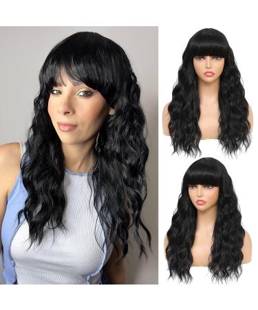 SOKU Black Wavy Wig with Bangs for Women 20 Inches Synthetic Nature Curly Wig for Girls Medium Length Heat Friendly Wave Hair Natural Looking Realistic Bangs Wigs for Women Daily Party Costume Wavy Wig with Bangs Black-2...