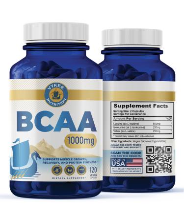 Vykee Nutrition BCAA Capsules 1000mg Branched-Chain Amino Acids (2:1:1 Ratio) for Muscle Recovery, Endurance & Protein Synthesis | Vegan, Non-GMO | 120 Capsules