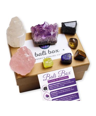 Bali Box - Healing Crystals Set - 8 Natural Chakra Crystals Tumbled & Raw Including Selenite Amethyst Lapiz Lazuli & Black Tourmaline 8 Crystals