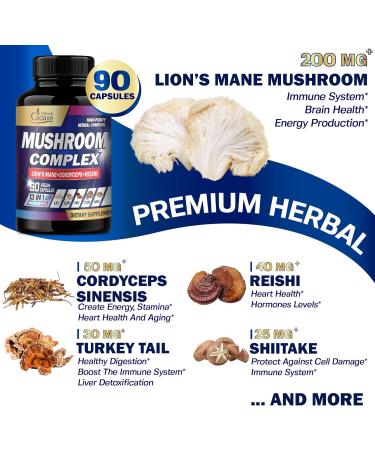 Organic Cadane Mushroom Complex Supplements for 3-Month Supply - 13in1 Lions Mane Cordyceps Sinensis Reishi Turkey Tail Mushroom Maitake Chaga Shiitake Enoki and More - 90 Vegan Capsules - Buy Online on GoSupps.com