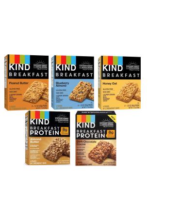 Kind, Breakfast Bars, Variety 5 Box (8ct ea): Dark Chocolate Cocoa, Honey Oat, Peanut Butter, Almond Butter, Peanut Butter Banana Maple Cinnamon, Blueberry Almond