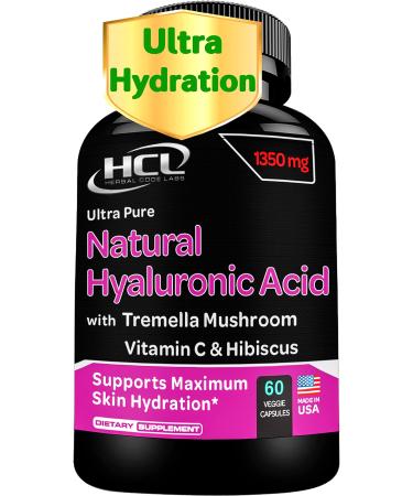 Natural Hyaluronic Acid Supplement 5X Stronger Hydration Pills from Pure Tremella Mushroom with Vitamin C & Hibiscus - Anti-Aging Skin Supplement Anti Wrinkle Capsules