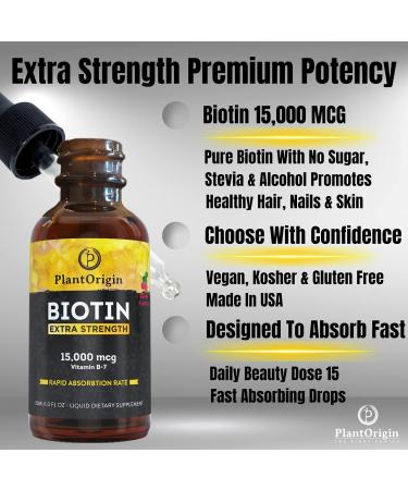 Plantorigin Biotin Liquid Vitamin Drops 15000mcg - Hair, Skin, Nails Support - Alcohol-Free & Kosher - Berry Flavor - 60 Servings - Buy Online on GoSupps.com