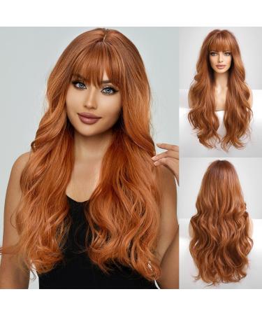 HAIRCUBE Ginner Wig with Bangs Long Wavy Middle Part Wigs for Women Natural Synthetic Wigs For Women Daily Use ginger wig