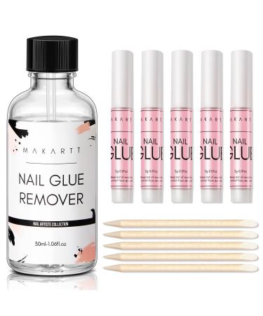 Makartt nail glue remover kit - 30ml nail glue remover without acetone with 5 pieces of nail glue for artificial nails nail tip 30ml nail glue remover with 5 nail glue