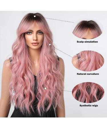 HAIRCUBE Long Pink Wig for Women - Dark Rooted Synthetic Hair with Fringe - Buy Online on GoSupps.com