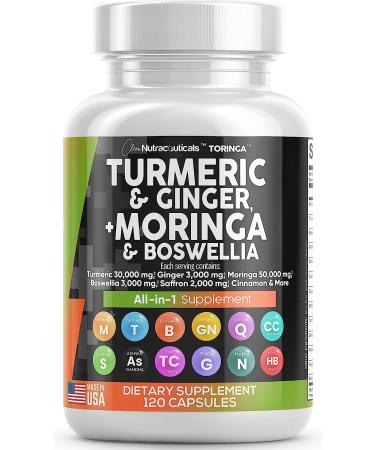 Turmeric Curcumin Joint Support Supplement with Ginger, Moringa, Boswellia, Saffron - 120 Caps - Made in USA - Buy Online on GoSupps.com