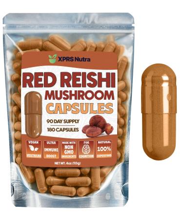 XPRS Nutra Reishi Mushroom Capsules - 180 Count Red Reishi Mushroom Capsules - 3 Month Supply Real Mushrooms Supplement Pills for Cognitive and Immune Boost - Superfood Hongo Organico 180 Count (Pack of 1)