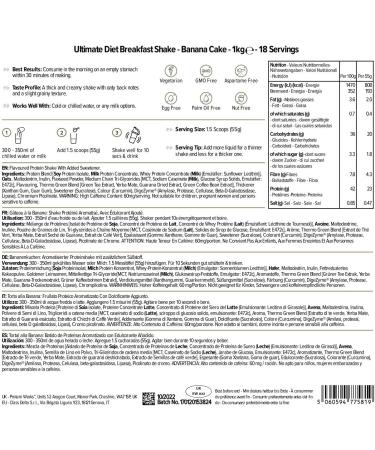 Protein Works Ultimate Diet Breakfast Shake - Low Calorie High Protein Meal Replacement, 1kg Banana Cake Flavor - 18 Servings - Buy Online on GoSupps.com