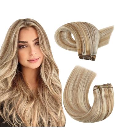 Moresoo Human Hair Extensions Weft Medium Brown with Platinum Blonde Weft Hair Extensions Real Human Hair Mixed Blonde Sew in Hair Extensions 16 Inch 100g #P6/60 16 Inch(Pack of 1) WEFT #P6/60