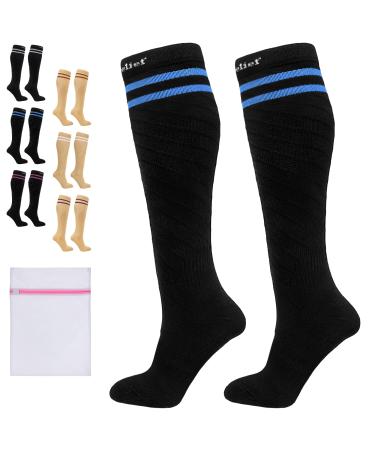 360 RELIEF - Flight Compression Socks Supports | Blood Circulation Travel Work S-M 2Pairs-Black with 2 Blue lines
