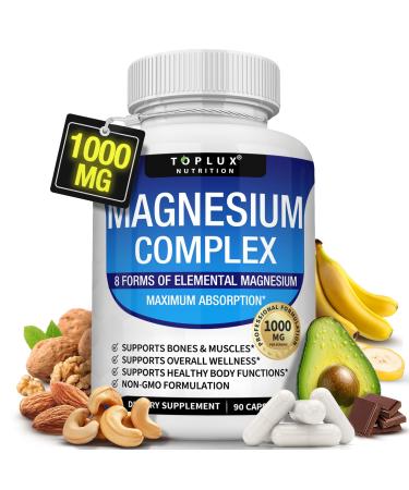 Magnesium Complex Supplement 8 Elemental 1000mg - Magnesium Glycinate Citrate Malate Taurate Chelated for Easy Absorption for Bones Muscle Recovery Energy Vegan Non-GMO 90 Capsules 90 Count (Pack of 1)