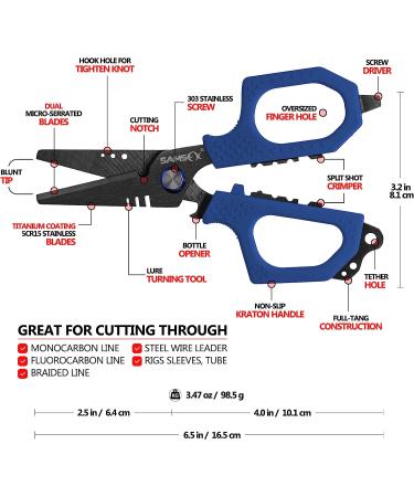 SAMSFX Fishing Braid Line Scissors with Titanium Coating, Dual-Serrated Blade, Kraton Handle, Sheath, Lanyard - Blue Kraton Handle - Buy Online on GoSupps.com