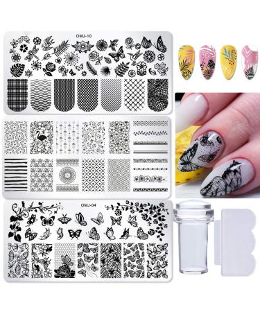 3pcs Nail Stamper Plate Kit Butterfly Leaves Image Nail Stamping Template with Clear Stamp and Scraper for Nail Art Design Butterfly-Leaf