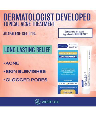 WELMATE Adapalene Gel 0.1% - FSA HSA Approved Acne Treatment - 2 Pack Daily Topical Skincare - Fragrance & Oil Free Pimple Cream - Dermatologist Tested - 1.6oz Each - Buy Online on GoSupps.com