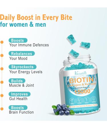 Biotin with Collagen Gummies Hair Skin and Nails Vitamins Gummies for Hair Growth Glowing Skin & Strong Nails - Blueberry Flavor Sugar Free 120 Count 60 Count (Pack of 2) - Buy Online on GoSupps.com