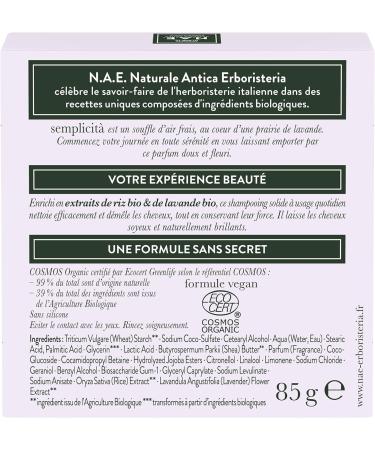 N.A.E. Certified Organic Solid Shampoo Daily Use Normal Hair Organic Rice and Organic Lavender Extracts Vegan Formula 99 Percent Natural Ingredients 85g Soap - Buy Online on GoSupps.com