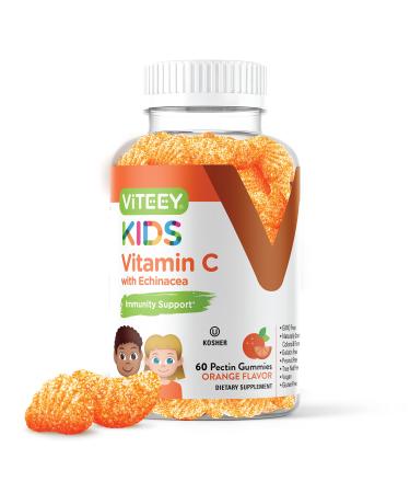 Vitamin C Gummies with Echinacea Formulated for Kids Immune Support Booster Herbal Dietary Vitamin Supplements Vegan Pectin Based Gelatin Free Gluten Free Non GMO Orange Flavor Chewable Gummy 60 Count (Pack of 1)