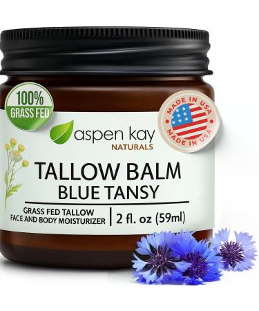 Aspen Kay Naturals Handmade 100% Grass Fed Beef Tallow Balm for Skin Care With Organic Jojoba Oil + Chamomile (Blue Tansy) Organic Body Butter - 2 fl. oz. Made in USA Blue Tansy 2 Ounce (Pack of 1)