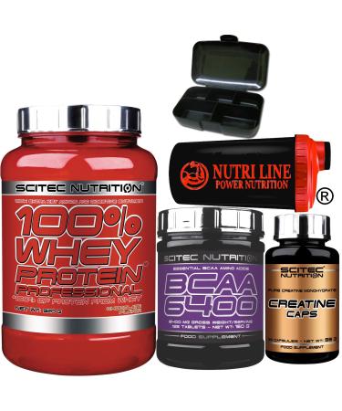 Scitec Nutrition 100% Whey Protein Professional 920 gr Proteine siero del Latte con 125 Bcaa 6400 125 compresse 120 Capsule creatina Shaker Nutriline e Portapillole (Cioccolato E Cocco) *#