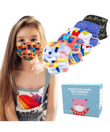 Sheal 100PCS Disposable Kids Face Masks Geometric Patterns Printed Design (Fit 6-12 Years Old Kids) Mixed Geometric
