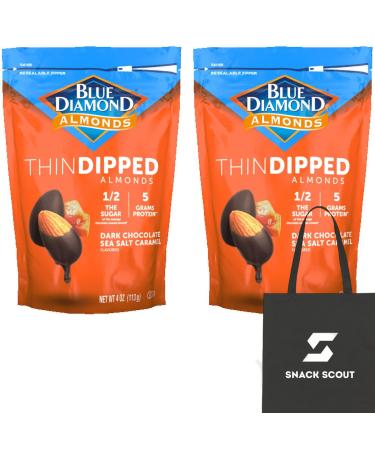 Blue Diamond Almonds Dark Chocolate Sea Salt Caramel Thin Dipped Covered Natural Almonds 4oz (Pack of 2) Bundle With a Snack Scout Lunch Bag