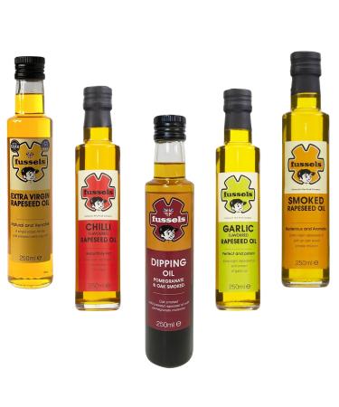 Fussels Oil Pick N Mix - Choose From 4+ Flavors | Extra Virgin Rapeseed Smoked Rapeseed Chilli Flavoured Rapeseed Garlic Flavoured Rapeseed Dipping Oil - Pack of 5 x 250ml