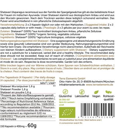 Organic Shatavari Capsules 400mg - 150 pcs | Vegan Indian Asparagus | 100% Pure | Terra Elements - Buy Online on GoSupps.com