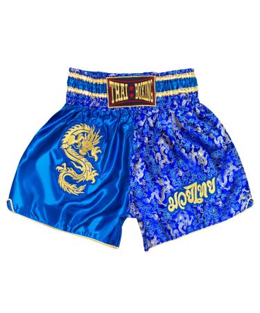 SIAMKICK Dragon Muay Thai Shorts for Men Women Boxing Kickboxing High Grade MMA Fight Clothing Training Workout Trunk X-Large Blue Dragon