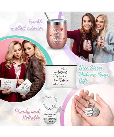 Sister Christmas Gift Set - 6 Pieces, 12oz Wine Tumblers, Makeup Bags & Keychains - Perfect Christmas/Birthday Present for Women, BFFs - Not Sisters by Blood But Sisters by Heart - with Gift Box - Buy Online on GoSupps.com