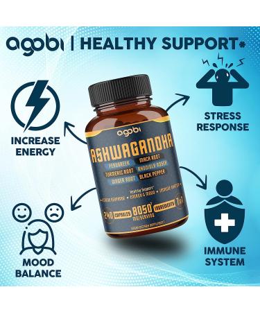 8 Month Supply - 240 Capsules of 7in1 Ashwagandha 8050mg with Fenugreek, Maca, Turmeric, Rhodiola, Ginger, Black Pepper - Mood, Strength, Spirit and Energy Support Supplement - Buy Online on GoSupps.com