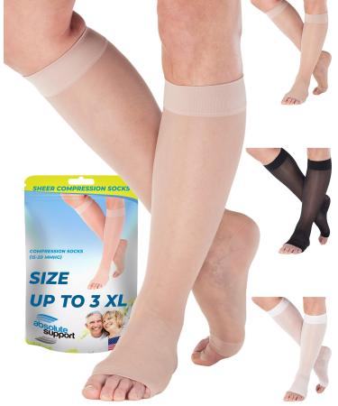 ABSOLUTE SUPPORT Made in USA - Compression Socks for Women 15-20 mmHg with Open Toe Nude Large Nude Large (Pack of 1)