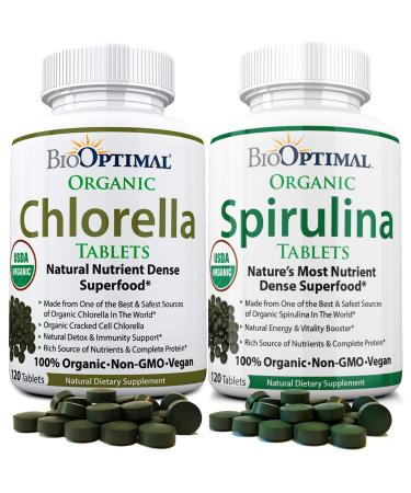 BioOptimal Chlorella Spirulina - Bundle - Organic Chorella Tablets & Organic Spirulina Tablets 120 Count Each Premium Quality 4 Organic Certifications