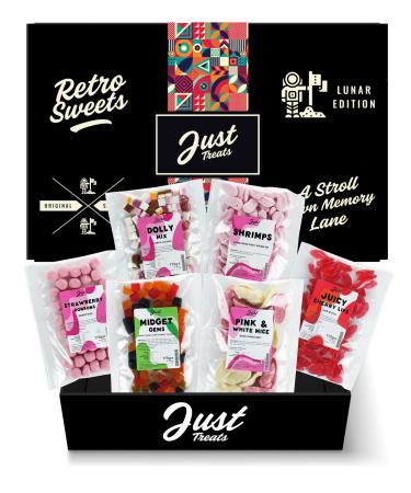 Just Treats Lunar Sweet Six Candy Hamper - Strawberry Bonbons Dolly Mixture Candy Foam Shrimps Juicy Cherry Lips Lion Midget Gems and Pink and White Mice (3 7 11 19 20 23) Sweet Candy Medley