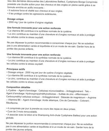 Cystiphane Bailleul - Cystine B6 - Zinc - Arginine - Hair and nails - Health - Strength and Vitality Protects against oxidative stress - Food supplement for weakened hair and nails - Pack of 2 boxes of 120 Tablets + 200ml Shampoo - Buy Online on GoSupps.com