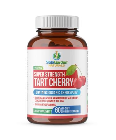 Super Strength Organic Montmorency Tart Cherry Supplement  50:1 Concentrate Grown in The USA - Contains Certified Organic CherryPURE  by SolaGarden Naturals. 60 Non GMO Veggie Capsules.