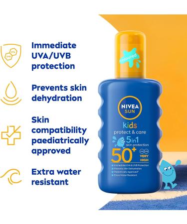NIVEA Sun Kids Protect & Care SPF 50+ Coloured Spray (200ml) Sunscreen Protects Delicate Skin Against Sunburn and Long-Term UV Damage Moisturising Spray - Buy Online on GoSupps.com
