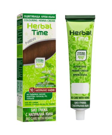 Herbal Time Henna Natural Cream Color Natural Brown N 10 | Henna Coloring Cream with Nettle Extract | Gray Hair Cover | Temporary Color Dye Cream | Ammonia Free Sulfates Free Parabens Free | 75 ml Natural Brown 10