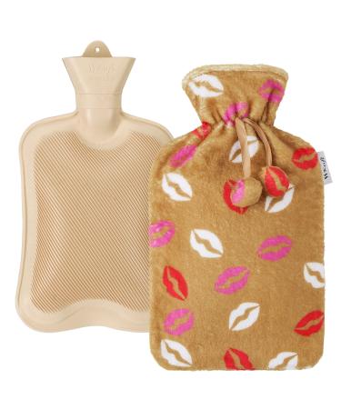 KUFL hot water bottle made of rubber with soft fleece tract - beige - Volume: 2l - large opening -Relieving - Reminder pain abdominal pain cramps - heat dispenser on cold days (beige 2l) Beige 2l