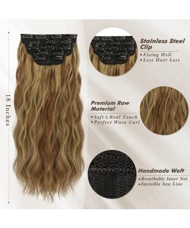 BARSDAR Clip In Extensions - 5 PCs Long Wavy Synthetic Hair 45 cm Toffee Brown with Gold Blonde Highlights for Women & Girls - Buy Online on GoSupps.com