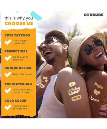 Gold Birthday Tattoos - 48pcs Metallic Temporary Tattoos for Adults - Happy Birthday Squad Flash Tattoos for Women and Men - Great for 18th 21st 25th 30th Birthdays - 11 Unique Designs - Buy Online on GoSupps.com