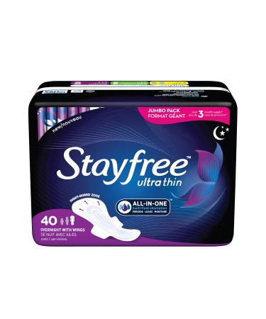 Stayfree Ultra Thin Overnight Pads with Wings, For Women, Reliable Protection and Absorbency of Feminine Moisture, Leaks and Periods, 40 count - Pack of 3