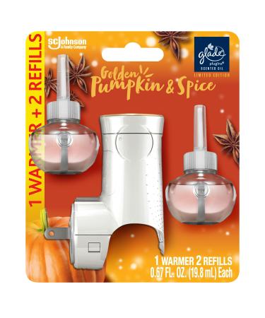 Glade PlugIns Refills Air Freshener Starter Kit Scented and Essential Oils for Home and Bathroom Golden Pumpkin & Spice Limited Edition Scent 1.34 Fl Oz 1 Warmer + 2 Refills