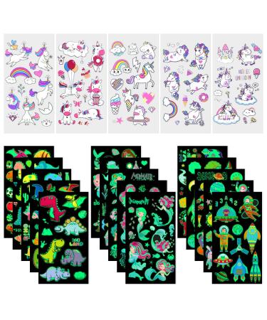 Temporary Tattoos for Kids -20 Sheets 199pcs Waterproof Mixed Style Cartoon Fake Tattoo, Glow in The Dark Unicorn Mermaid Outspace Dinosaur Tattoo Sticker Decor for Boys Girls, Party Supplies Favor Mixed style-1