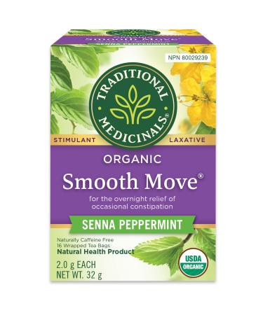 Traditional Medicinals - Organic Smooth Move Peppermint Laxative Herbal Tea (Pack of 1) - Gentle Overnight Relief of Occasional Constipation - 16 Tea Bags Total Smooth Move Peppermint Tea Peppermint 16 Count (Pack of 1)