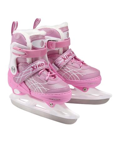 Xino Sports Deluxe Adjustable Ice Skates - for Boys and Girls, Two Awesome Colors - Black and Pink, Faux Fur Padding and Reinforced Ankle Support, Fun to Skate! Pink Small Junior 13-3