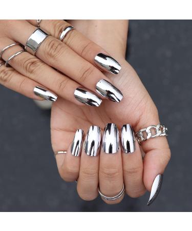 MISUD Medium Coffin Press on Nails - Glossy Silver Chrome Metallic False Nails (01-O) - Buy Online on GoSupps.com